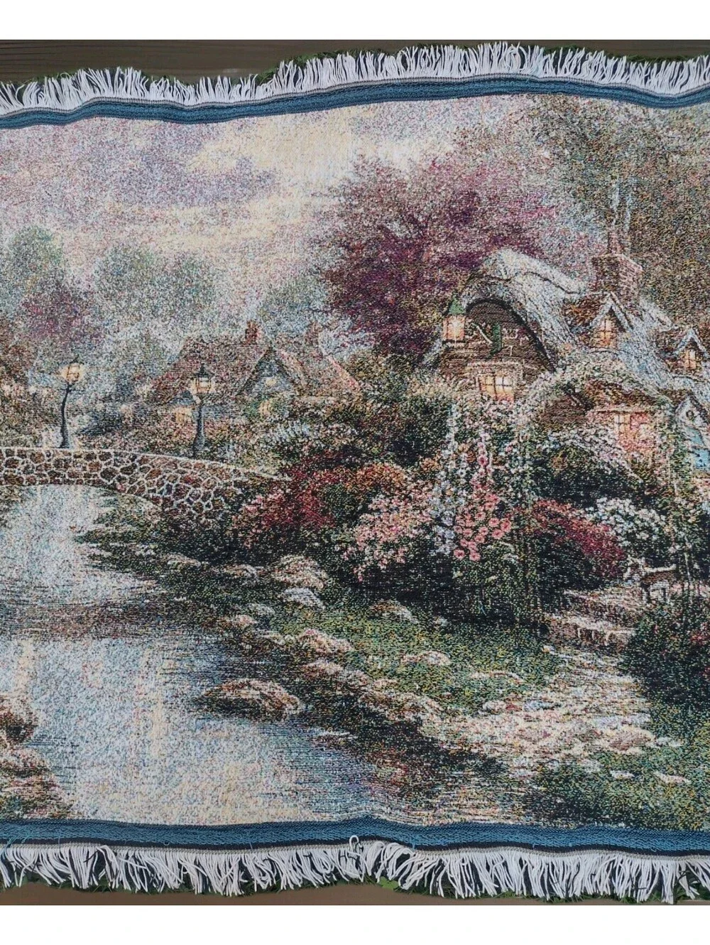 Thomas Kinkade Tapestry Throw Blanket Cottage Bridge Floral Cotton USA Licensed